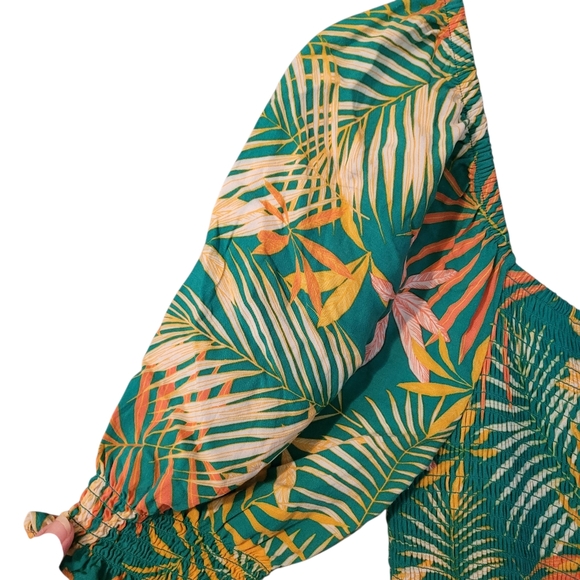 Betsey Johnson palm frond smocked. maxi dress - L.          G68 - Picture 3 of 10